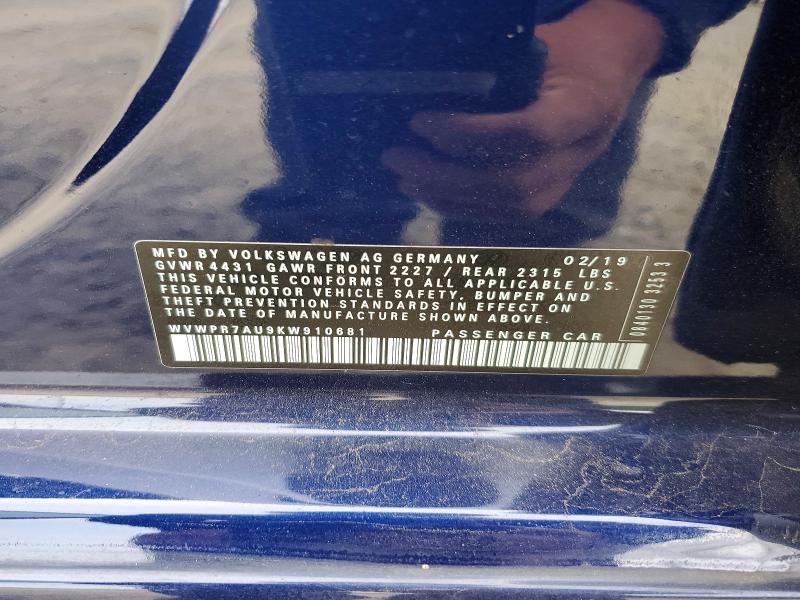 2019 Volkswagen E-golf მანქანა იყიდება აუქციონზე, vin: WVWPR7AU9KW910681, აუქციონის ნომერი: 69156926