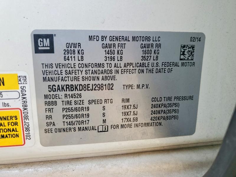 68061736 :رقم المزاد ، 5GAKRBKD8EJ298102 vin ، 2014 Buick Enclave مزاد بيع