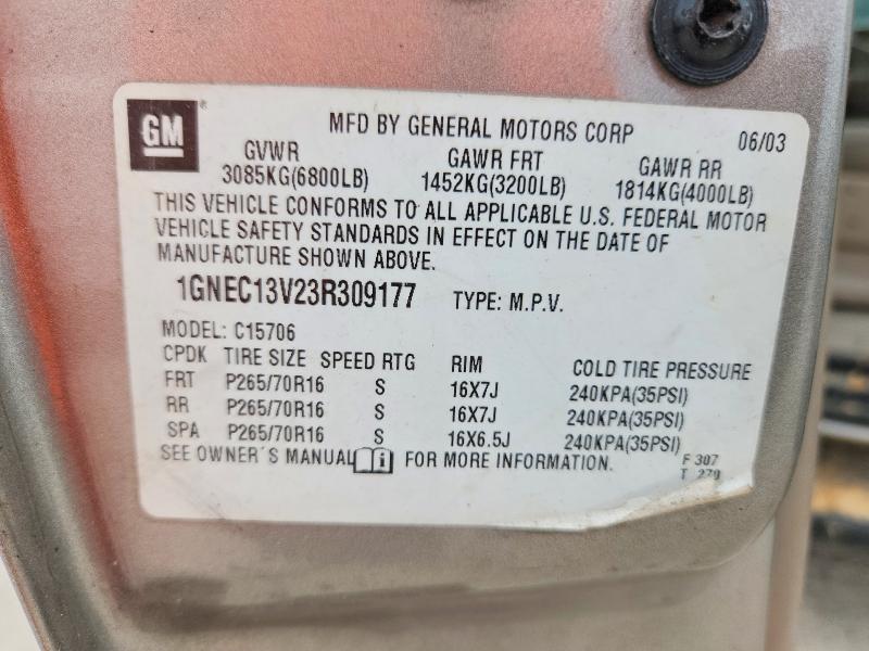 2003 Chevrolet Tahoe მანქანა იყიდება აუქციონზე, vin: 1GNEC13V23R309177, აუქციონის ნომერი: 67889566