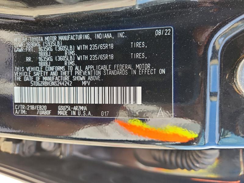 Aukcja sprzedaży 2022 Toyota Highlander, vin: 5TDGZRBH3NS244242, numer aukcji: 68450016