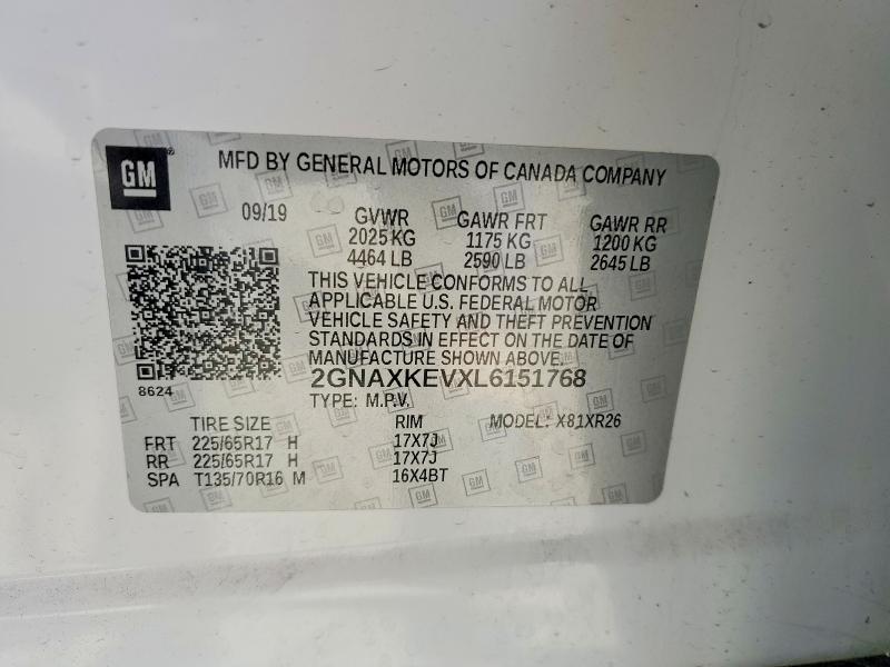 69499626 :رقم المزاد ، 2GNAXKEVXL6151768 vin ، 2020 Chevrolet Equinox مزاد بيع