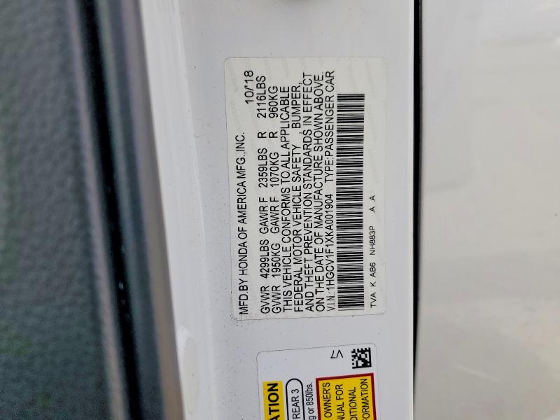 Aukcja sprzedaży 2019 Honda Accord, vin: 1HGCV1F1XKA001904, numer aukcji: 67846636