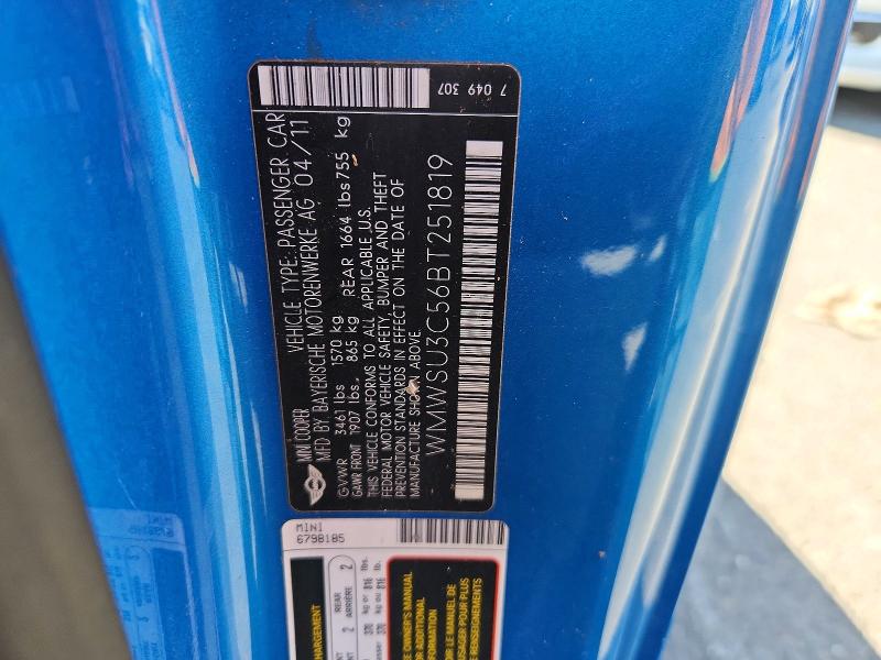 2011 Mini Cooper მანქანა იყიდება აუქციონზე, vin: WMWSU3C56BT251819, აუქციონის ნომერი: 69632676