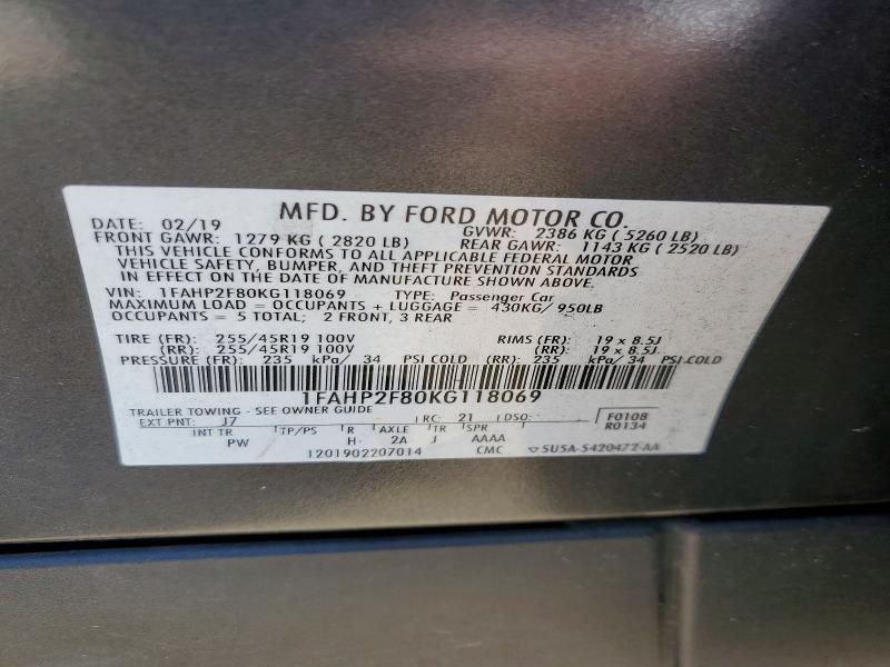 2019 Ford Taurus მანქანა იყიდება აუქციონზე, vin: 1FAHP2F80KG118069, აუქციონის ნომერი: 68438406