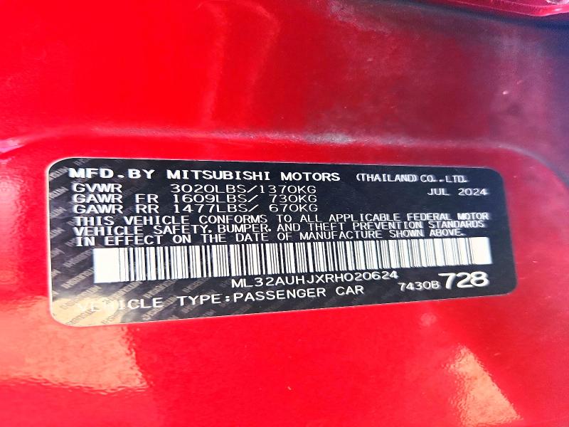 2024 Mitsubishi Mirage მანქანა იყიდება აუქციონზე, vin: ML32AUHJXRH020624, აუქციონის ნომერი: 67673046