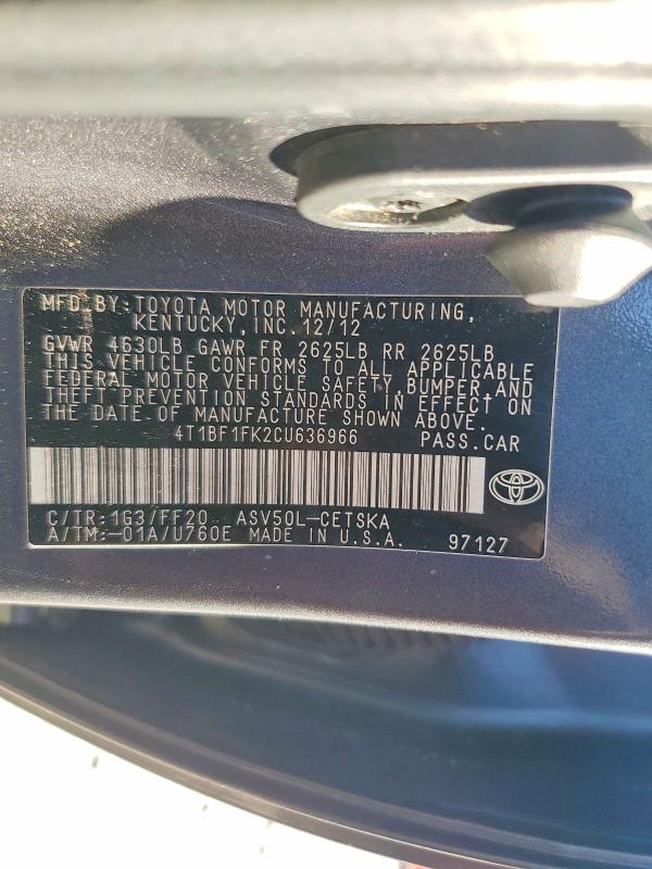 Продаж на аукціоні авто 2012 Toyota Camry, vin: 4T1BF1FK2CU636966, номер лоту: 67256446