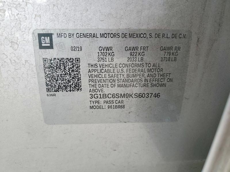 69623216 :رقم المزاد ، 3G1BC6SM9KS603746 vin ، 2019 Chevrolet Cruze مزاد بيع
