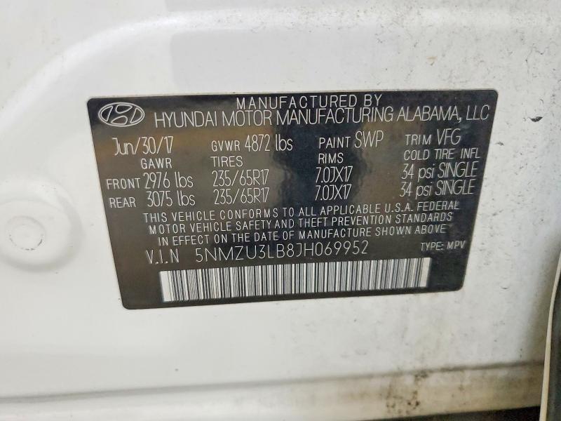 69015296 :رقم المزاد ، 5NMZU3LB8JH069952 vin ، 2018 Hyundai Santa Fe Sport مزاد بيع