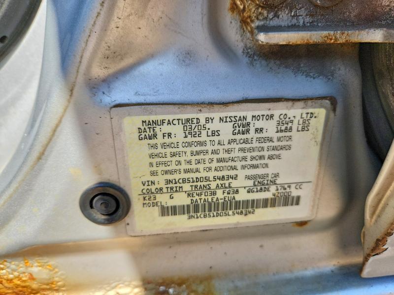 2005 Nissan Sentra მანქანა იყიდება აუქციონზე, vin: 3N1CB51D05L548342, აუქციონის ნომერი: 67819806