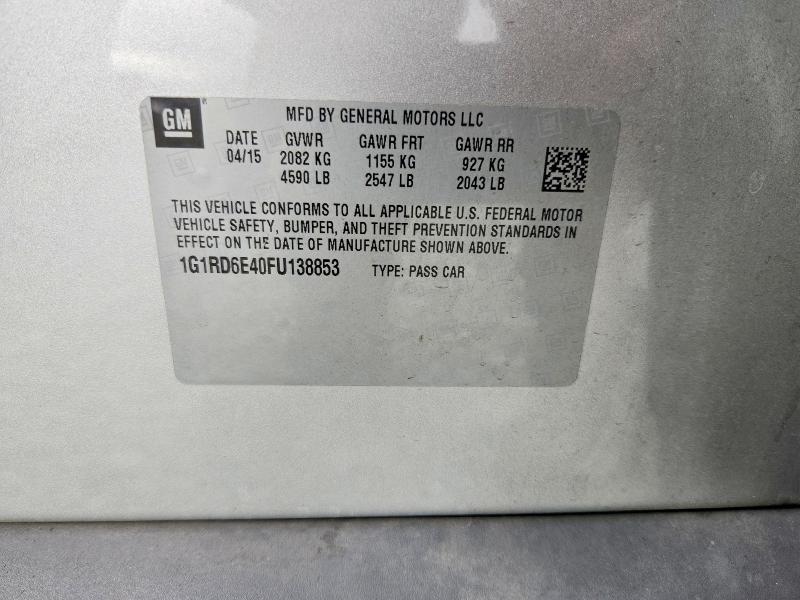 2015 Chevrolet Volt მანქანა იყიდება აუქციონზე, vin: 1G1RD6E40FU138853, აუქციონის ნომერი: 70542656
