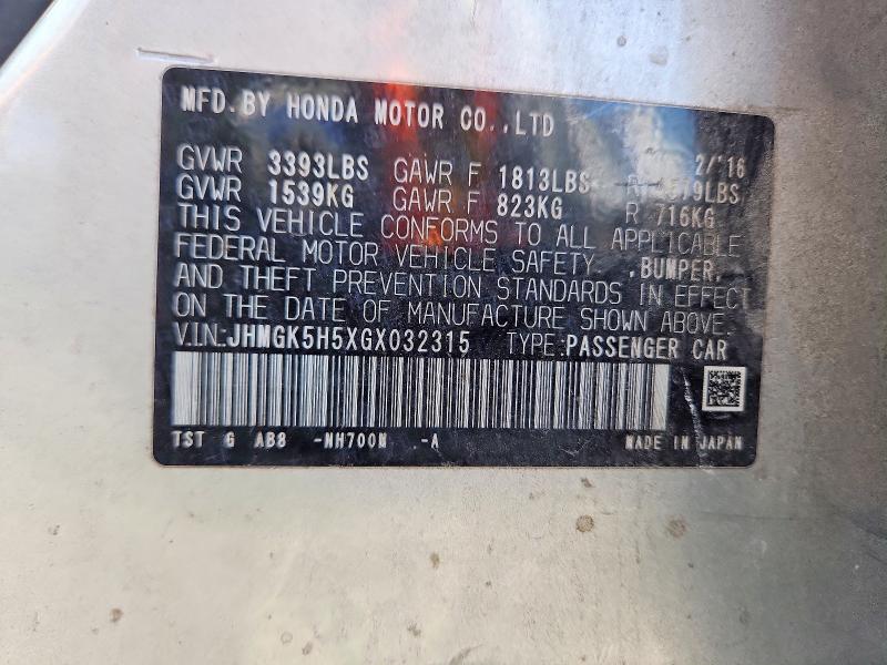 69689036 :رقم المزاد ، JHMGK5H5XGX032315 vin ، 2016 Honda Fit مزاد بيع