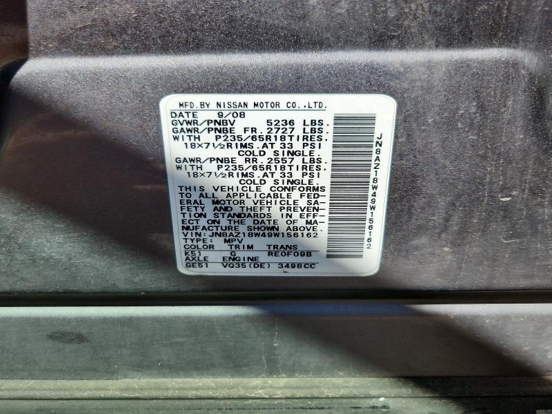 Продажа на аукционе авто 2009 Nissan Murano, vin: JN8AZ18W49W156162, номер лота: 68176226