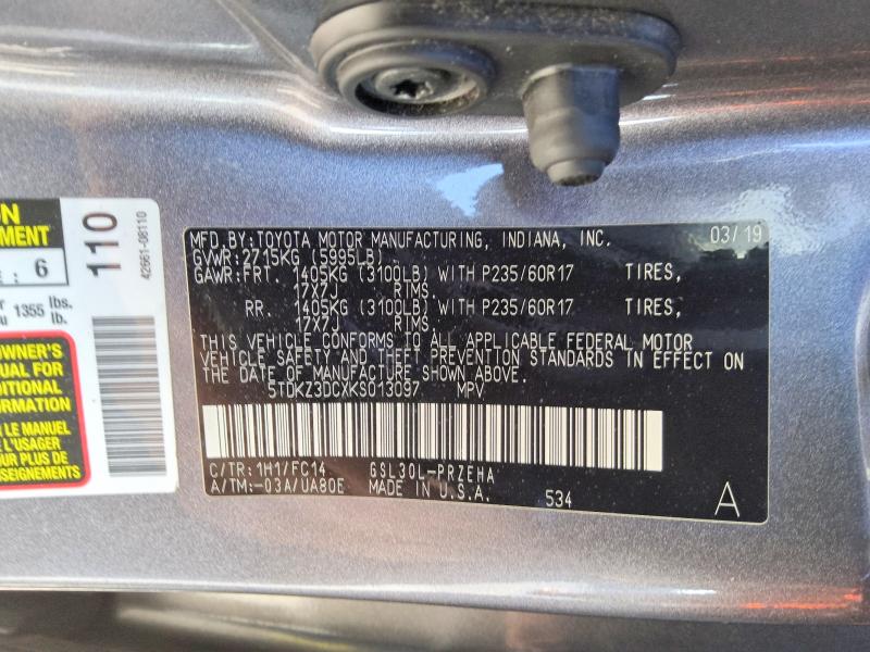 Продажа на аукционе авто 2019 Toyota Sienna, vin: 5TDKZ3DCXKS013097, номер лота: 68858666