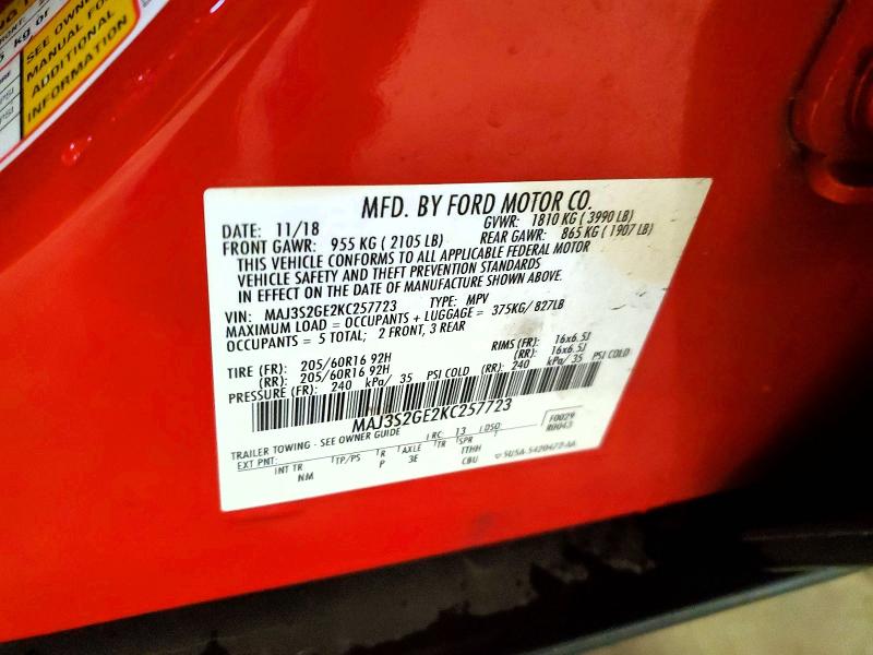 67640136 :رقم المزاد ، MAJ3S2GE2KC257723 vin ، 2019 Ford Ecosport مزاد بيع