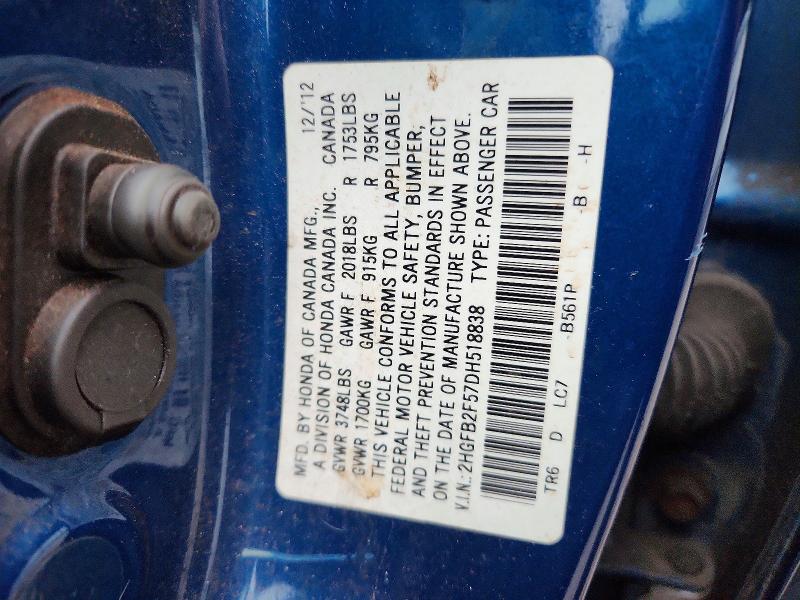 Продаж на аукціоні авто 2013 Honda Civic, vin: 2HGFB2F57DH518838, номер лоту: 70054116