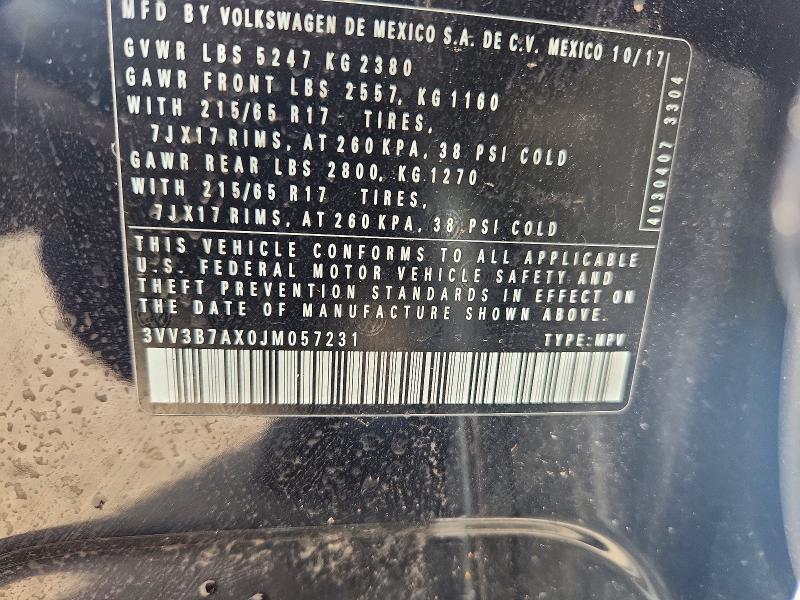 2018 Volkswagen Tiguan მანქანა იყიდება აუქციონზე, vin: 3VV3B7AX0JM057231, აუქციონის ნომერი: 68549136