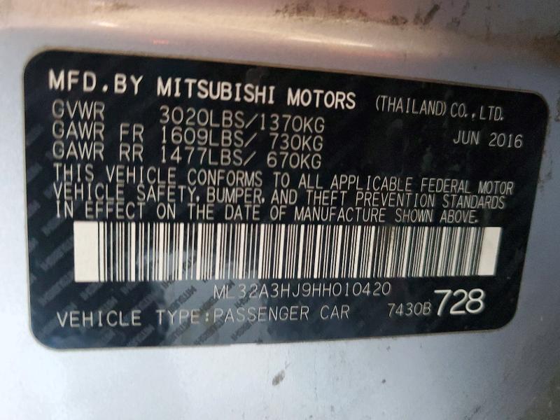 Продаж на аукціоні авто 2017 Mitsubishi Mirage, vin: ML32A3HJ9HH010420, номер лоту: 69612516
