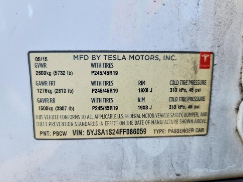 68755116 :رقم المزاد ، 5YJSA1S24FF086059 vin ، 2015 Tesla Model S مزاد بيع