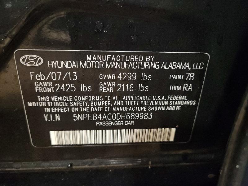 2013 Hyundai Sonata მანქანა იყიდება აუქციონზე, vin: 5NPEB4AC0DH689983, აუქციონის ნომერი: 68382706
