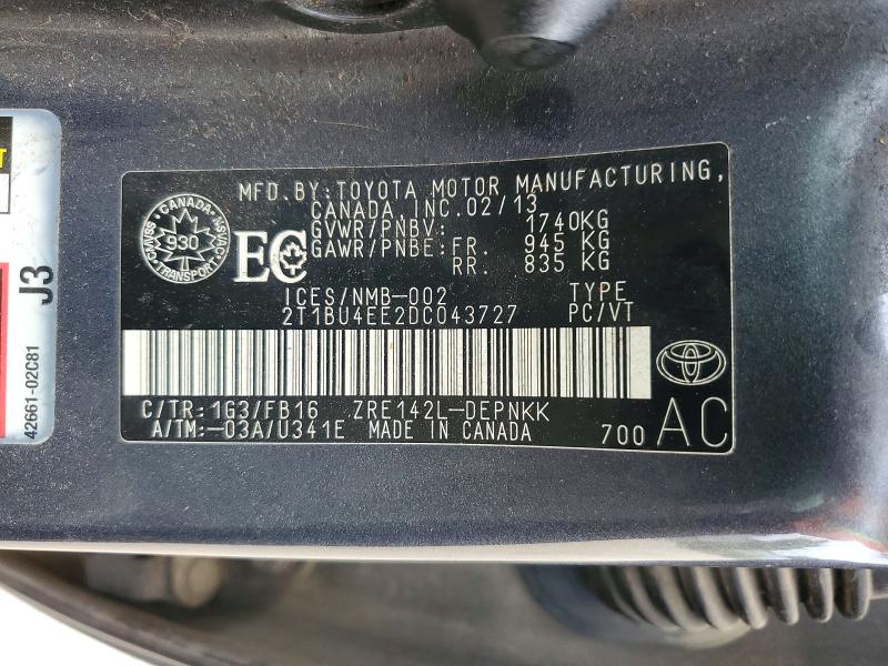 2013 Toyota Corolla მანქანა იყიდება აუქციონზე, vin: 2T1BU4EE2DC043727, აუქციონის ნომერი: 69745996