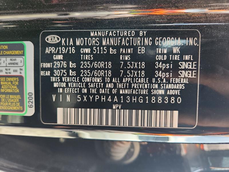 Aukcja sprzedaży 2017 Kia Sorento, vin: 5XYPH4A13HG188380, numer aukcji: 68349436