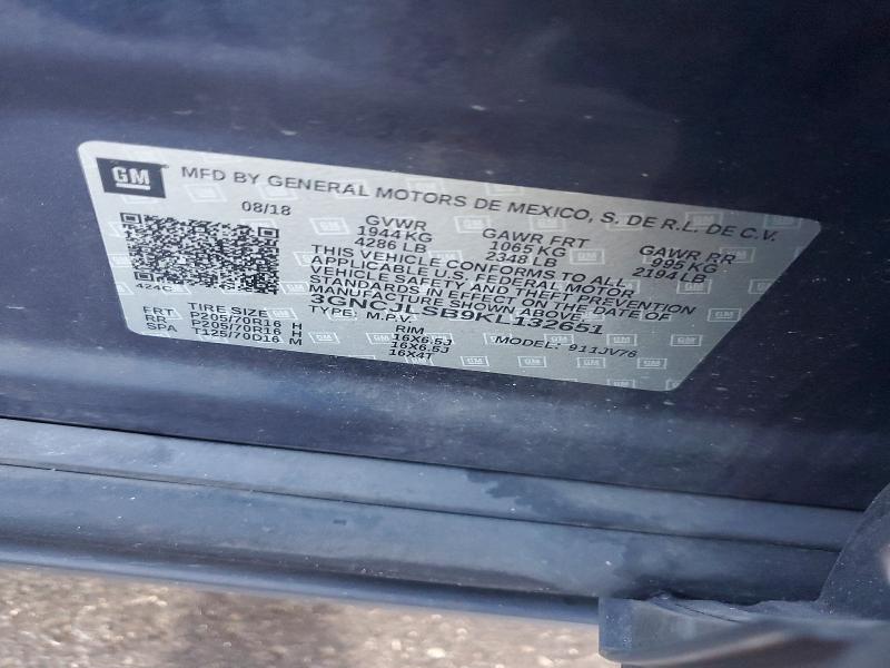2019 Chevrolet Trax მანქანა იყიდება აუქციონზე, vin: 3GNCJLSB9KL132651, აუქციონის ნომერი: 69508366
