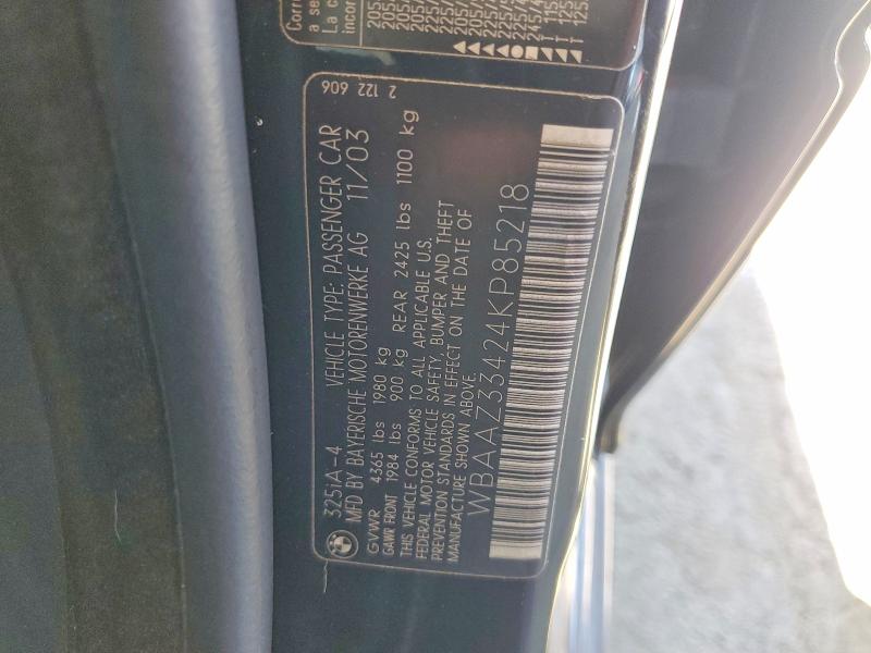2004 Bmw 325 მანქანა იყიდება აუქციონზე, vin: WBAAZ33424KP85218, აუქციონის ნომერი: 70842446