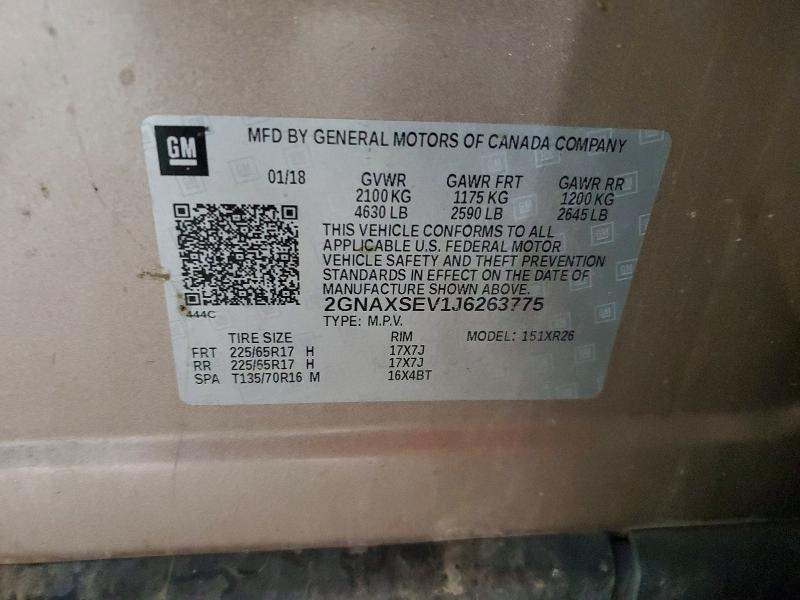Продаж на аукціоні авто 2018 Chevrolet Equinox, vin: 2GNAXSEV1J6263775, номер лоту: 69134846