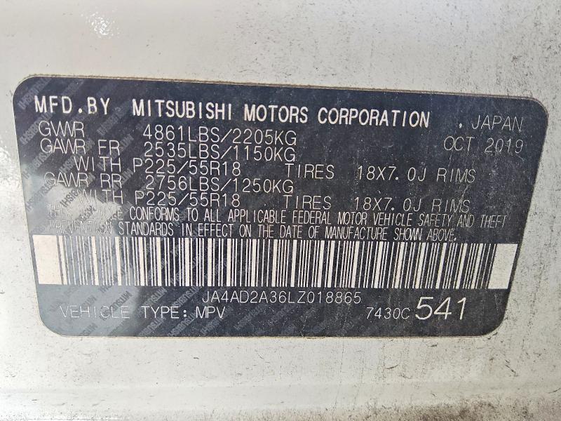 2020 Mitsubishi Outlander მანქანა იყიდება აუქციონზე, vin: JA4AD2A36LZ018865, აუქციონის ნომერი: 67113806