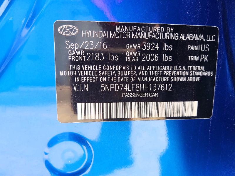 68149756 :رقم المزاد ، 5NPD74LF8HH137612 vin ، 2017 Hyundai Elantra مزاد بيع