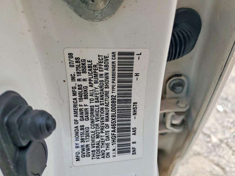 2008 Honda Civic მანქანა იყიდება აუქციონზე, vin: 1HGFA465X8L000892, აუქციონის ნომერი: 70141626