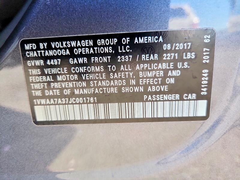 67899316 :رقم المزاد ، 1VWAA7A37JC001761 vin ، 2018 Volkswagen Passat مزاد بيع