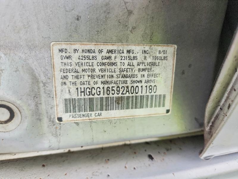 Auction sale of the 2002 Honda Accord, vin: 1HGCG16592A001180, lot number: 70313706