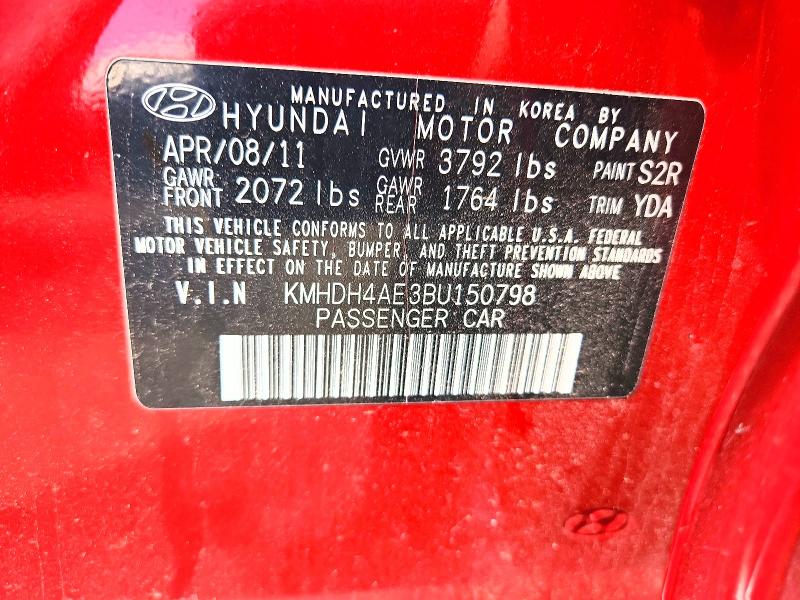 2011 Hyundai Elantra მანქანა იყიდება აუქციონზე, vin: KMHDH4AE3BU150798, აუქციონის ნომერი: 68987636
