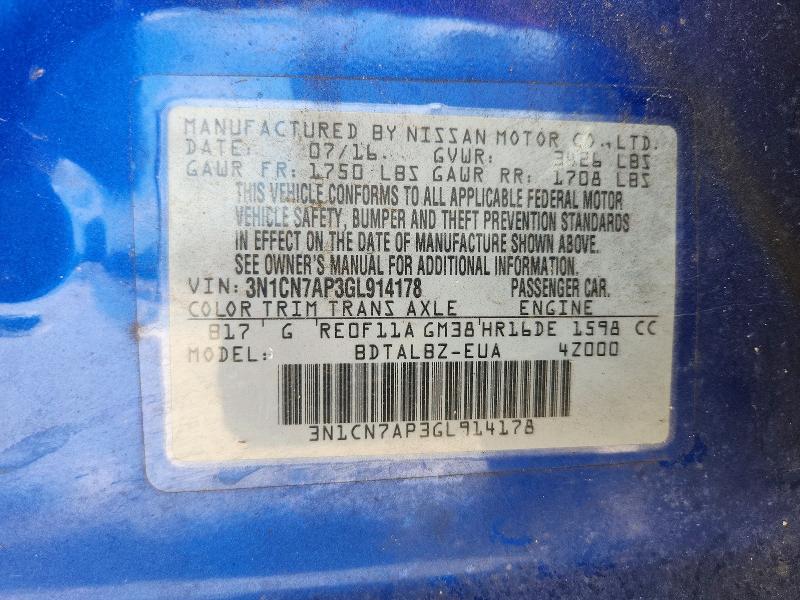 2016 Nissan Versa მანქანა იყიდება აუქციონზე, vin: 3N1CN7AP3GL914178, აუქციონის ნომერი: 69774066