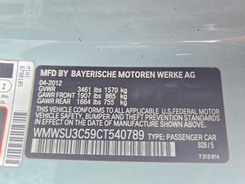 Продажа на аукционе авто 2012 Mini Cooper, vin: WMWSU3C59CT540789, номер лота: 70281696