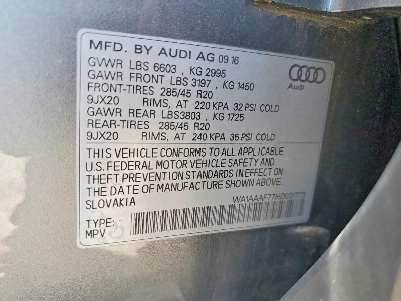 67672416 :رقم المزاد ، WA1AAAF77HD031773 vin ، 2017 Audi Q7 مزاد بيع
