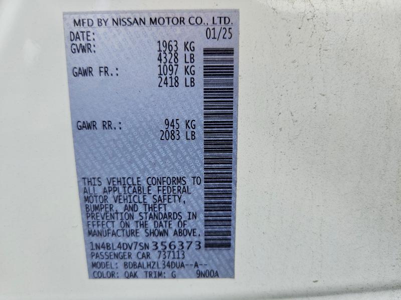 2025 Nissan Altima მანქანა იყიდება აუქციონზე, vin: 1N4BL4DV7SN356373, აუქციონის ნომერი: 68444916