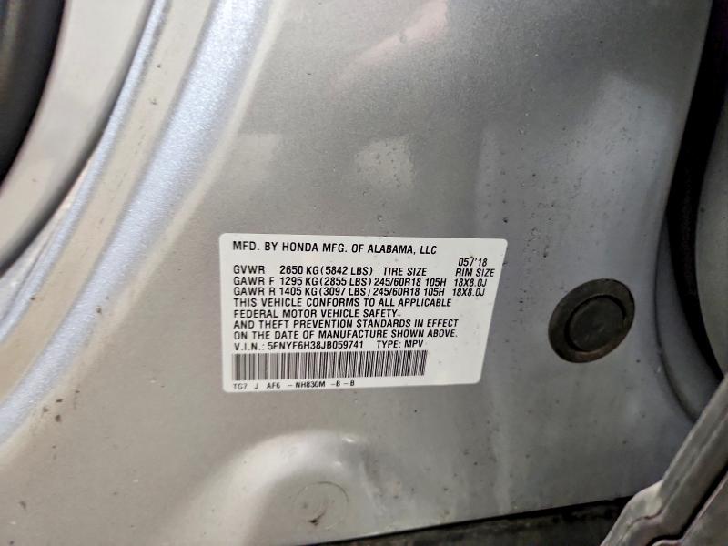 2018 Honda Pilot მანქანა იყიდება აუქციონზე, vin: 5FNYF6H38JB059741, აუქციონის ნომერი: 69197316