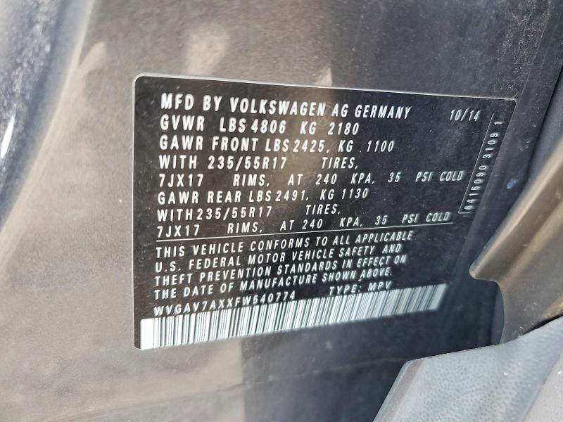 2015 Volkswagen Tiguan მანქანა იყიდება აუქციონზე, vin: WVGAV7AXXFW540774, აუქციონის ნომერი: 67332336