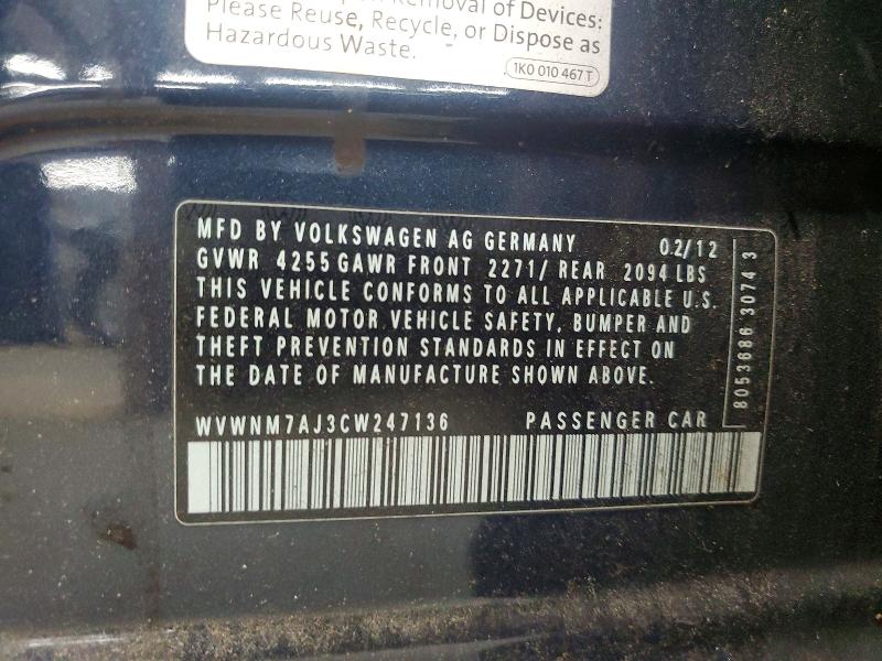 Продаж на аукціоні авто 2012 Volkswagen Golf, vin: WVWNM7AJ3CW247136, номер лоту: 66956766