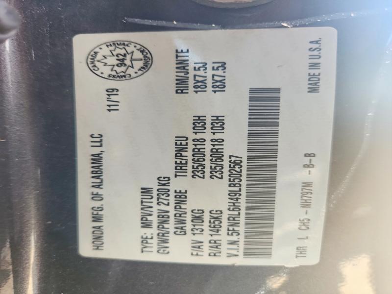 68310416 :رقم المزاد ، 5FNRL6H49LB502567 vin ، 2020 Honda Odyssey مزاد بيع