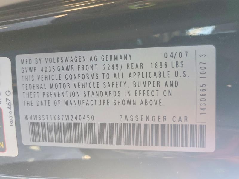 Aukcja sprzedaży 2007 Volkswagen Rabbit, vin: WVWBS71K87W240450, numer aukcji: 67378226