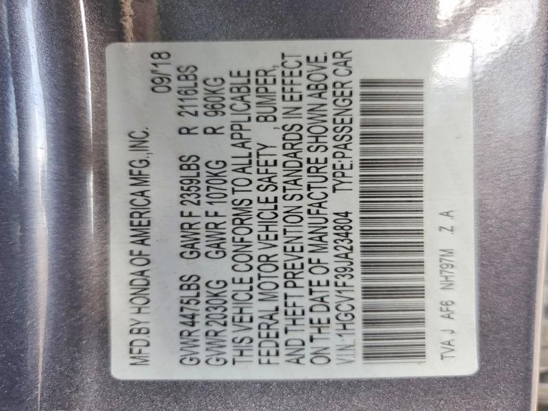 2018 Honda Accord მანქანა იყიდება აუქციონზე, vin: 1HGCV1F39JA234804, აუქციონის ნომერი: 68175786