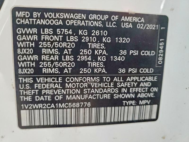 2021 Volkswagen Atlas მანქანა იყიდება აუქციონზე, vin: 1V2WR2CA1MC568776, აუქციონის ნომერი: 70890666
