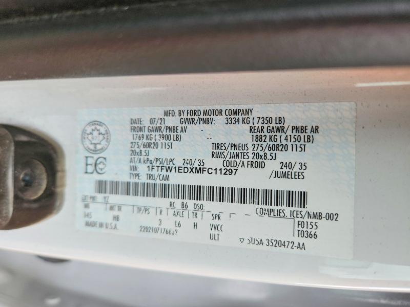 Auction sale of the 2021 Ford F-150, vin: 1FTFW1EDXMFC11297        , lot number: 69138206