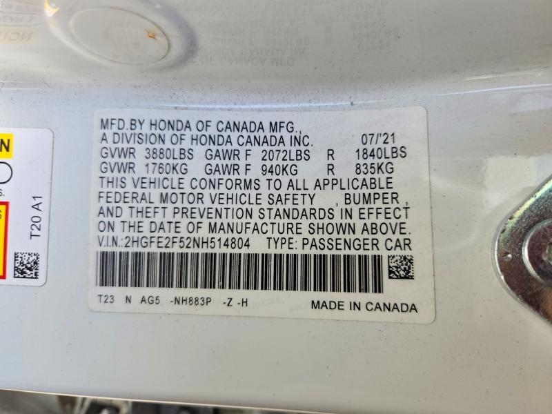 Продаж на аукціоні авто 2022 Honda Civic, vin: 2HGFE2F52NH514804, номер лоту: 70149776