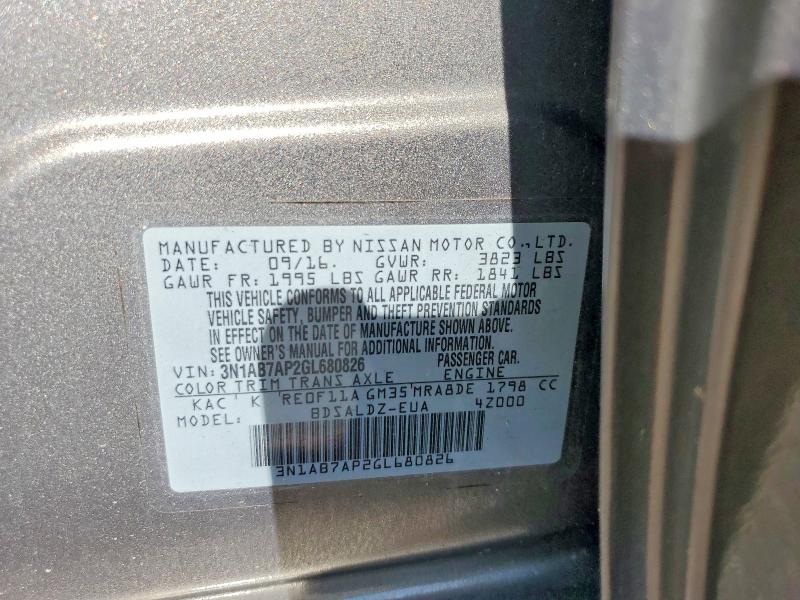 2016 Nissan Sentra მანქანა იყიდება აუქციონზე, vin: 3N1AB7AP2GL680826, აუქციონის ნომერი: 68108256