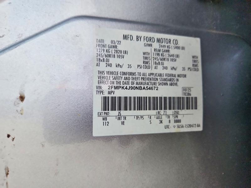 68887166 :رقم المزاد ، 2FMPK4J90NBA54672 vin ، 2022 Ford Edge مزاد بيع