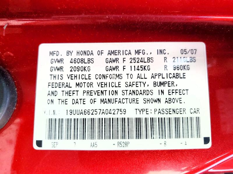 67782296 :رقم المزاد ، 19UUA66257A042759 vin ، 2007 Acura Tl مزاد بيع